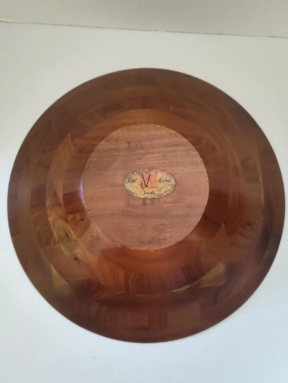 Vtg MCM Real Walnut Wood Mid Century Vermillion Salad Serving Bowl 14